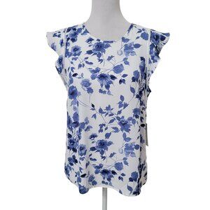 Counterparts Size M White with Blue Floral Flutter Sleeve Blouse, NEW with Tag